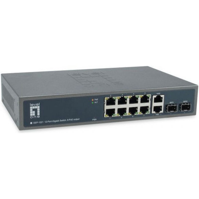 Level One GEP-1221 Unmanaged L2 PoE++ Switch με 10 Θύρες Gigabit (1Gbps) Ethernet και 2 SFP Θύρες