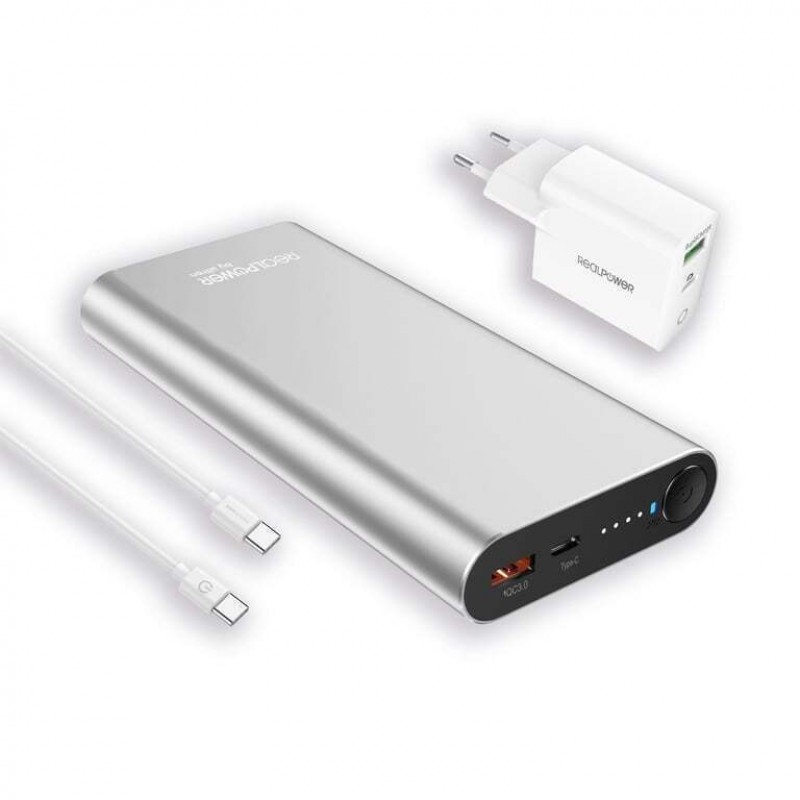 RealPower PB-20000PD Pro Gan Power Bank 20000mAh με Θύρα USB-A και Θύρα USB-C Quick Charge 3.0 Ασημί