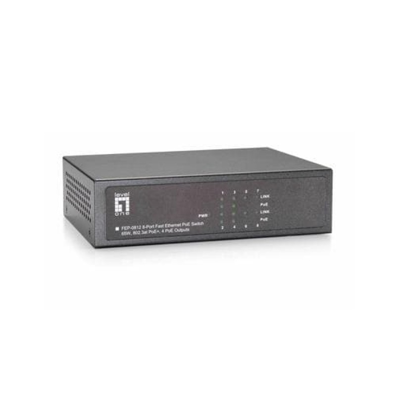 LevelOne 8-Port Fast Ethernet PoE Switch, 4 Ports RJ45, 4 Ports RJ45 PoE Plus, 61.6W Black (FEP-0812)