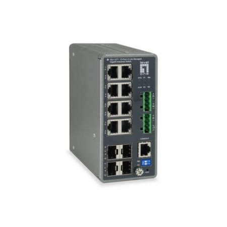 LevelOne TURING 12-Port L3 Lite Managed Gigabit Industrial Switch, 4 x SFP, DIN-Rail, -40°C to 75°C Grey (IGU-1271)
