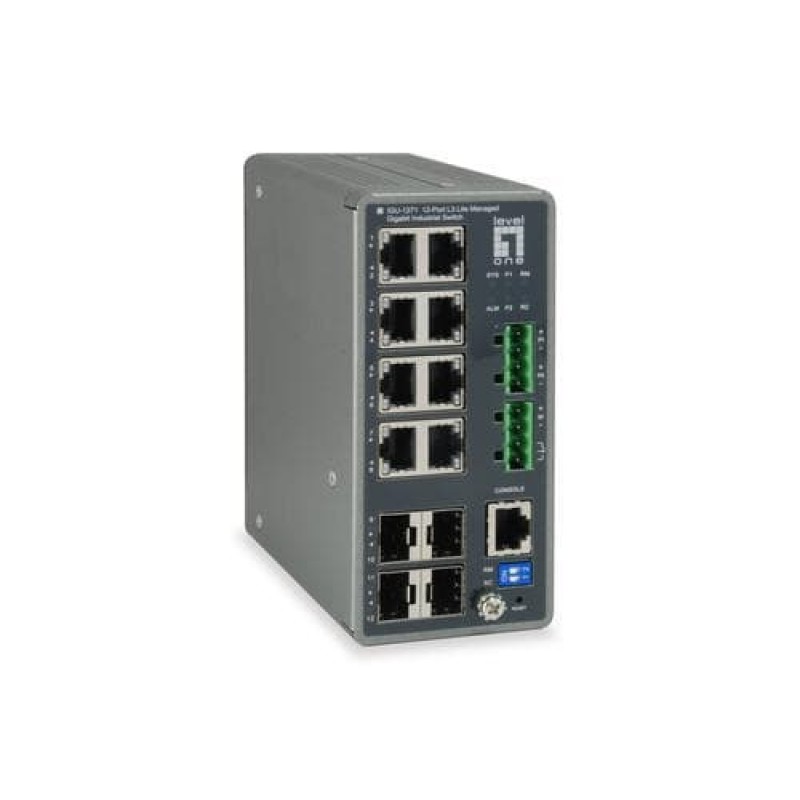 LevelOne TURING 12-Port L3 Lite Managed Gigabit Industrial Switch, 4 x SFP, DIN-Rail, -40°C to 75°C Grey (IGU-1271)